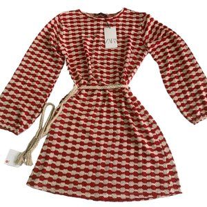 NWT ZARA Retro Vintage Red White Country Cable Knit Shift Women Mini Dress